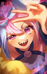  1girl :d absurdres arm_up blue_hair blush bow-shaped_hair character_hair_ornament commentary_request creatures_(company) eyelashes game_freak grey_shirt hair_ornament happy highres iono_(pokemon) jacket looking_at_viewer multicolored_hair nintendo open_mouth pink_eyes pink_hair pokemon pokemon_sv sato_(moufudayo) shirt sleeveless sleeveless_shirt smile solo teeth two-tone_hair upper_teeth_only w yellow_jacket 
