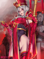 1girl absurdres armor breasts commentary_request crown elbow_gloves fingernails forehead_jewel gloves hair_ornament heroes_of_the_storm highleg highleg_leotard highres kumiko_shiba large_breasts leotard lips long_hair nose pale_skin parted_lips patreon_username pauldrons pelvic_curtain red_eyes red_gloves red_thighhighs sally_whitemane scar scar_across_eye scar_on_face sharp_fingernails shoulder_armor silver_hair solo_focus staff tabard thighhighs warcraft world_of_warcraft rating:Sensitive score:105 user:danbooru