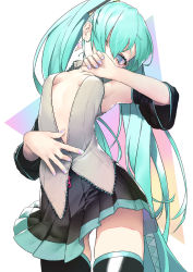 1girl arched_back armpits black_skirt black_thighhighs blouse blue_eyes blush breasts cleavage detached_sleeves earrings eyeshadow grey_shirt hair_between_eyes hair_ornament hair_over_one_eye hand_to_own_mouth hatsune_miku highres jewelry long_hair makeup nail_polish open_clothes open_shirt rsk_(tbhono) shirt simple_background skindentation skirt sleeveless sleeveless_shirt small_breasts solo thighhighs twintails vocaloid zipper rating:Sensitive score:40 user:danbooru
