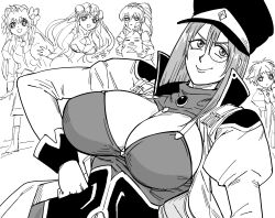  5girls absurdres bb_(baalbuddy) breasts cleavage forte_stollen galaxy_angel greyscale highres looking_at_viewer monochrome monocle multiple_girls narrow_waist smile solo_focus 
