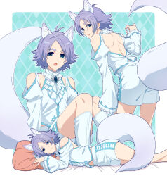  1boy animal_ears back backless_outfit bare_shoulders bed fubuki_shirou grey_hair inazuma_eleven inazuma_eleven_(series) looking_back midriff pillow solo tail thick_eyebrows yaoi 