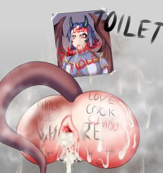  1girl absurdres anus arueshalae ass ass_focus blue_hair body_writing cum cum_in_ass cum_in_pussy cum_on_body cumdrip demon_girl demon_horns demon_tail demon_wings english_text female_focus from_behind gaping glory_wall highres horns human_toilet humiliation pathfinder pathfinder_wrath_of_the_righteous photo_(object) pubic_hair public_use rape red_eyes restrained short_hair solo stuck tail tally through_wall wings  rating:Explicit score:61 user:esr34