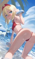  1girl ass bare_shoulders beach bent_over bikini blonde_hair blue_eyes blue_sky blush bracelet breasts chorogon commission creatures_(company) fanning_face fanning_self game_freak gen_4_pokemon glaceon hair_between_eyes hairband highres hot irida_(pokemon) jewelry looking_at_viewer looking_back neck_ring nintendo ocean open_mouth palm_tree partially_submerged pokemon pokemon_legends:_arceus red_bikini shore short_hair skeb_commission sky small_breasts sweat swimsuit tree wet 