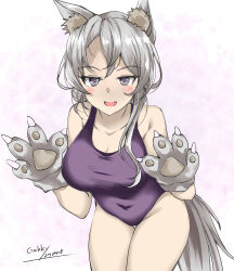  1girl adapted_costume alternate_breast_size animal_ears animal_hands artist_name breasts covered_navel dated flipped_hair gakky gloves grey_eyes grey_hair highres kantai_collection leaning_forward long_hair medium_breasts nowaki_(kancolle) one-hour_drawing_challenge one-piece_swimsuit paw_gloves purple_one-piece_swimsuit solo swimsuit tail thigh_gap wolf_ears wolf_tail 