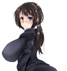  1girl absurdres blue_eyes blush breasts brown_hair female_focus glasses heterochromia highres huge_breasts impossible_clothes impossible_shirt long_hair looking_at_viewer phantasy_star phantasy_star_online_2 ponytail profile red_eyes shirt simple_background smile solo standing studiostewkiavu103 upper_body white_background 