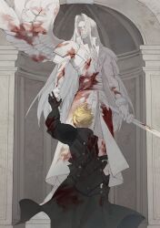  2boys arch arm_up armor asymmetrical_sleeves belt black_gloves black_vest blonde_hair blood blood_on_clothes blood_on_face bloody_weapon bloody_wings bracer chinese_commentary cloud_strife coat column day facing_away feathered_wings final_fantasy final_fantasy_vii final_fantasy_vii_advent_children gloves highres holding holding_another&#039;s_wrist holding_sword holding_weapon katana long_hair male_focus mgt_85363 multiple_belts multiple_boys outdoors pauldrons pillar scabbard sephiroth sheath short_hair shoulder_armor single_pauldron single_wing spiked_hair standing statue sword vest waist_cape weapon wings 