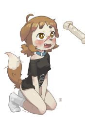  1girl absurdres animal_ears breasts brown_eyes brown_hair commentary dog_ears dog_girl dog_tail english_commentary english_text female_focus full_body furry furry_female highres looking_at_object no_panties off_shoulder open_mouth opossumachine original sexually_suggestive short_hair small_breasts socks solo tail white_background white_socks  rating:Sensitive score:32 user:danbooru