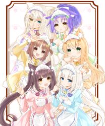  6+girls :3 :d absurdres animal_ear_fluff animal_ears apron arm_at_side arm_under_breasts arm_up azuki_(nekopara) bell blonde_hair blue_bow blue_bowtie blue_dress blue_eyes blunt_bangs blush bow bowtie breasts brown_eyes brown_hair buttons cat_ears cat_girl character_name chocola_(nekopara) cinnamon_(nekopara) cleavage cleavage_cutout closed_mouth clothing_cutout coconut_(nekopara) collar commentary_request cowboy_shot dark-skinned_female dark_skin dress everyone eyelashes eyes_visible_through_hair frilled_collar frilled_dress frills green_bow green_bowtie green_dress green_eyes hair_between_eyes hair_bow hand_up hands_up happy heart heart-shaped_ornament heart_button heterochromia highres jingle_bell juliet_sleeves large_breasts long_hair long_sleeves looking_at_viewer low_twintails maid maid_headdress maple_(nekopara) medium_breasts medium_hair multiple_girls neck_bell nekopara official_alternate_costume open_mouth orange_bow orange_bowtie orange_dress orange_hair pink_bow pink_bowtie pink_dress ponytail puffy_sleeves purple_bow purple_bowtie purple_dress purple_hair shiika_0520 siblings sidelocks simple_background sisters small_breasts smile split_mouth tareme tsurime twintails two_side_up v v_over_mouth vanilla_(nekopara) very_long_hair waist_apron waitress white_apron white_background white_hair yellow_bow yellow_bowtie yellow_dress yellow_eyes 
