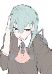 1girl ascot blue_eyes blue_hair brown_cardigan cardigan collared_shirt commentary_request hair_between_eyes hair_ornament hairclip hand_in_own_hair kantai_collection long_bangs long_hair looking_at_viewer open_mouth pink_ascot reaching reaching_towards_viewer shirt simple_background solo suzuya_(kancolle) tongue tongue_out tugmix upper_body white_background white_shirt 