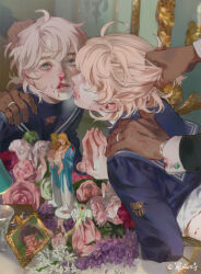  1boy bishounen blonde_hair blood blood_on_face blue_eyes blue_sailor_collar blue_shirt blush emg_(christain) extra_hands flower from_side grabbing_another&#039;s_hair grabbing_another&#039;s_shoulder hand_on_mirror looking_at_viewer male_focus medium_hair nose_blush nosebleed original parted_lips picture_frame reflection_focus sailor_collar shirt tearing_up teeth upper_teeth_only 