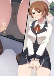  1girl between_legs black_skirt blush breasts brown_footwear brown_hair buttons cameltoe close-up collared_shirt cowboy_shot cropped_jacket embarrassed female_focus grey_panties hand_between_legs have_to_pee heart high-waist_skirt hiyori_(princess_connect!) hiyori_(real)_(princess_connect!) jacket japanese_text long_sleeves looking_to_the_side medium_breasts minamimachi_naname miniskirt multiple_views own_hands_together panties peeing peeing_self pencil_skirt princess_connect! raised_eyebrows shirt shoes short_hair sidelocks skirt speech_bubble standing star_(symbol) star_print tears thighs translation_request underwear v_arms wavy_mouth wet wet_clothes wet_panties white_jacket white_shirt yellow_eyes 