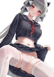  1girl absurdres azur_lane black_sailor_collar black_serafuku black_shirt blush breasts classic_(zildjian33) clothes_lift cropped_shirt formidable_(azur_lane) formidable_(the_lover&#039;s_heart_flutters_on_duty)_(azur_lane) gluteal_fold grey_hair groin hair_ornament highres large_breasts lifted_by_self long_hair long_sleeves looking_at_viewer midriff navel neckerchief official_alternate_costume open_mouth paid_reward_available panties pleated_skirt red_eyes red_neckerchief sailor_collar school_uniform serafuku shirt simple_background sitting skindentation skirt skirt_hold skirt_lift solo spread_legs stomach thighhighs thighs twintails underwear white_background white_panties white_thighhighs 