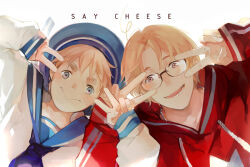  2boys ahoge america_(hetalia) axis_powers_hetalia black-framed_eyewear blonde_hair blue_eyes blue_hat blue_neckerchief blue_sailor_collar canada_(hetalia) closed_mouth collarbone collared_shirt commentary_request double_v english_text fingernails glasses hat hood hood_down hoodie light_blush locked_arms long_sleeves looking_at_viewer lower_teeth_only male_focus multiple_boys neckerchief nineo open_mouth pink_eyes red_hoodie red_sleeves sailor_collar sailor_hat sailor_shirt shirt short_hair simple_background sleeves_past_wrists smile teeth upper_body v white_background white_shirt white_sleeves 