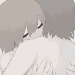  1boy 1girl absurdres avogado6 braille closed_eyes colored_skin from_behind head_on_another&#039;s_shoulder highres hug long_hair muted_color no_mouth no_nose nude original reading short_hair simple_background white_skin 