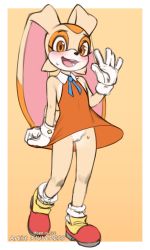  1girl 2022 20s absurdres animal_nose artist_name bare_shoulders blonde_hair blue_ribbon blush body_fur border breath cleft_of_venus collarbone collared_shirt cream_the_rabbit dress dress_tug female_focus flat_chest flat_color full_body furry furry_female ghio50 gloves hand_up happy heel_up highres legs loli looking_at_viewer multicolored_fur neck_ribbon no_panties open_mouth orange_dress orange_eyes orange_fur outside_border pussy rabbit_ears rabbit_girl rabbit_tail red_footwear ribbon shirt shoes short_dress short_hair simple_background sketch sleeveless sleeveless_dress smile socks solo sonic_(series) standing steam steaming_body sweat teeth thighs tongue twitter_username uncensored watermark waving white_border white_fur white_gloves white_socks wide-eyed yellow_background yellow_fur  rating:Explicit score:82 user:AngryZapdos
