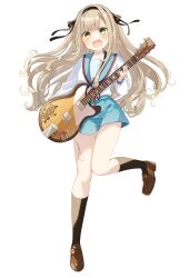 1girl :o absurdres black_bow black_hairband black_socks blue_sailor_collar blue_skirt bow breasts brown_footwear brown_hair commentary_request electric_guitar full_body god_knows... green_eyes guitar hair_bow hairband heterochromia high-waist_skirt highres holding holding_instrument ibara_muan instrument kita_high_school_uniform loafers long_hair long_sleeves looking_at_viewer open_mouth orange_eyes puffy_long_sleeves puffy_sleeves sailor_collar school_uniform shirt shoes simple_background skirt small_breasts socks sofra solo standing standing_on_one_leg suzumiya_haruhi_no_yuuutsu teeth two_side_up upper_teeth_only very_long_hair white_background white_shirt
