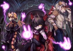  1girl 2boys aak_(arknights) animal_ears arknights buchi0122 claws colored_sclera colored_tips furry furry_female furry_male ghost hashtag-only_commentary highres horns hung_(arknights) komainu_boy komainu_ears komainu_tail looking_at_viewer looking_back monocle multicolored_hair multiple_boys mummy_costume orange_eyes pectorals ponytail single_horn tail tiger_ears tiger_girl tiger_stripes tiger_tail toned toned_male tongue tongue_out vampire_costume waai_fu_(arknights) yellow_sclera 