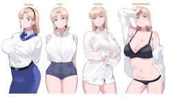  1girl absurdres arm_up arms_behind_back bangs black_bra black_panties blonde_girl_(okpriko) blonde_hair blue_eyes blue_necktie blue_shorts blue_skirt blush bra breasts cleavage closed_mouth collared_shirt commentary cowboy_shot curtain_call_challenge_(meme) denim denim_shorts dress_shirt english_commentary english_text hand_on_own_head heavy_breathing highres large_breasts legs_apart long_hair long_sleeves looking_at_viewer meme multiple_views navel necktie neckwear_lift no_pants off_shoulder okpriko open_clothes open_shirt original panties parted_bangs parted_lips see-through see-through_shirt shirt shirt_tucked_in shorts simple_background skirt sleeveless sleeveless_shirt smile stomach sweat tareme taut_clothes taut_shirt thighs underwear white_background white_shirt  rating:Sensitive score:97 user:danbooru