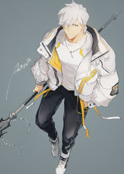  1boy aonome black_pants contemporary fate/grand_order fate_(series) grey_background grey_eyes hand_in_pocket highres holding holding_polearm holding_weapon jacket male_focus pants percival_(fate) polearm shirt shoes signature silver_hair smile sneakers spear weapon white_jacket white_shirt 