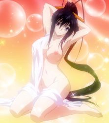 10s 1girl armpits arms_behind_head barefoot breasts feet high_school_dxd highres himejima_akeno large_breasts nipples ponytail purple_eyes smile solo stitched third-party_edit rating:Questionable score:95 user:arutos