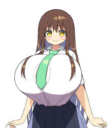  1girl breasts brown_hair gigantic_breasts long_hair necktie pleated_skirt school_uniform shuz_(dodidu) simple_background skirt solo tagme white_background yellow_eyes  rating:Questionable score:7 user:SWBlade
