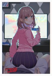 1boy 1girl absurdres aqua_eyes ass backlighting blush border bulge buttjob buttjob_over_clothes cardigan controller erection erection_under_clothes from_behind game_console game_controller goumudan hetero highres holding holding_controller indoors joy-con light_brown_hair looking_at_viewer looking_back medium_hair nijisanji nintendo_switch pants pink_cardigan playing_games pov shorts sitting sitting_on_lap sitting_on_person skirt smile solo_focus striped_clothes striped_skirt suzuhara_lulu sweatdrop teasing television tight_clothes tight_pants vertical-striped_clothes vertical-striped_skirt virtual_youtuber white_border rating:Questionable score:465 user:danbooru