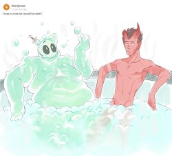  2boys bara bathing bathtub big_belly bubble character_request colored_skin demon_boy doug_(monster_prom) fat fat_man green_skin highres male_focus monster_boy monster_prom multiple_boys nifast_(greentail) nipples nude object_through_head pale_color pectorals red_skin see-through shared_bathing short_shorts shorts slime_boy sword_in_head tareme toned toned_male 