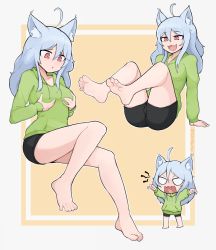 1girl absurdres ahoge animal_ears arm_support bare_legs barefoot bike_shorts blue_hair blush border breasts cat_girl chibi claw_pose closed_mouth commentary commission english_commentary fang feet feet_up full_body grabbing_own_breast green_hoodie grey_border hands_up highres hood hoodie invisible_chair knees_up legs long_hair long_sleeves looking_to_the_side medium_breasts multiple_views open_mouth original pink_eyes pout sitting softhanten soles toes rating:Sensitive score:111 user:danbooru