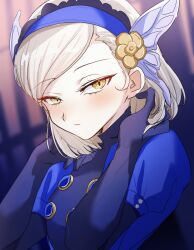 1girl blue_gloves blue_hairband blurry blurry_background blush butterfly_wings closed_mouth commentary_request eyelashes gloves hairband head_wings highres insect_wings lavenza_(persona_5) medium_hair persona persona_5 solo upper_body white_hair wings yellow_eyes yuyuy_00  rating:General score:15 user:danbooru