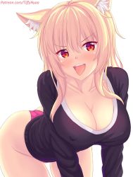 1girl all_fours animal_ear_fluff animal_ears blonde_hair blush breasts cleavage commentary covered_erect_nipples english_commentary hanging_breasts highres large_breasts long_hair no_pants nottytiffy open_mouth original panties patreon_username red_eyes red_panties slit_pupils solo tiffy_(nottytiffy) tongue underwear watermark web_address rating:Sensitive score:65 user:danbooru