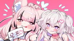  2girls :q @_@ animal_ear_fluff animal_ears bare_shoulders black_hair blush_stickers cheli_(kso1564) choker closed_mouth collarbone copyright_request grey_eyes grey_hair hair_intakes half-closed_eyes hands_up heart heart-shaped_pupils highres korean_text long_hair multicolored_hair multiple_girls notice_lines pink_background pink_choker pink_hair purple_eyes short_eyebrows sign simple_background smile streaked_hair sweat symbol-shaped_pupils thick_eyebrows tongue tongue_out translation_request two_side_up upper_body virtual_youtuber 