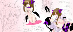 black_hair bottomless breasts brown_eyes brown_hair collar comic fellatio hata-tan_(rui_(hershe)) heart highres himekaidou_hatate large_breasts long_image no_bra nude open_clothes open_shirt oral purple_eyes rui_(hershe) saliva selfcest shirt tears tongue touhou wide_image wings rating:Explicit score:11 user:jerooff