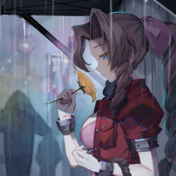  1girl aerith_gainsborough aqua_eyes blurry bow breasts brown_hair bucchake_(asami) closed_mouth commentary dress final_fantasy final_fantasy_vii flower from_side hair_bow holding holding_flower jacket light_smile long_hair looking_at_object medium_breasts people pink_bow pink_dress profile rain red_jacket short_sleeves sidelocks solo_focus twisted_hair upper_body very_long_hair yellow_flower 