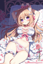  1girl :o animal_ear_fluff animal_ears arms_up babydoll bdsm blush bondage bound bound_wrists bow breasts cat_ears cat_girl choker cleavage double-parted_bangs flower frilled_babydoll frilled_panties frilled_pillow frills hair_bow large_breasts light_brown_hair looking_at_viewer mauve navel on_bed original panties petals pillow pink_bow pink_choker pink_flower pink_panties pink_ribbon purple_eyes ribbon ribbon_bondage solo underwear white_bow wrist_ribbon 