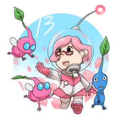  1girl black_eyes blue_eyes blue_pikmin blue_skin blue_sky brittany_(pikmin) buttons circle colored_skin commentary_request countdown eyelashes flying full_body glasses gloves helmet insect_wings leaf looking_at_another miniskirt naru_(wish_field) nintendo no_mouth open_mouth outstretched_arm petals pikmin_(creature) pikmin_(series) pikmin_3 pink_gloves pink_hair pink_light pink_skin pink_skirt pointy_nose radio_antenna red-framed_eyewear short_hair simple_background skirt sky smile solid_circle_eyes space_helmet spacesuit triangle_mouth triangular_eyewear whistle white_background winged_pikmin wings 