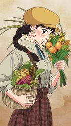 1girl autumn_leaves basket black_hair blue_ribbon blush bouquet braid braided_ponytail breasts brown_background cacao_fruit carrying carrying_under_arm collared_shirt cowboy_shot dress_shirt earrings flower food from_side fruit hand_up hat highres holding holding_basket holding_bouquet jewelry long_hair long_sleeves looking_at_viewer neck_ribbon orange_(fruit) plaid plaid_skirt profile ribbon rikaco1988 sheeta shirt shirt_tucked_in sideways_glance single_braid skirt small_breasts smile solo suspender_skirt suspenders tenkuu_no_shiro_laputa white_shirt yellow_hat