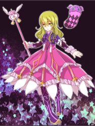 1girl aqua_eyes blonde_hair boots dress elize_lutus frills gradient_background highres jewelry necklace open_mouth staff star_(symbol) tales_of_(series) tales_of_xillia teepo_(tales) weapon yellow_eyes rating:Sensitive score:1 user:wereAR