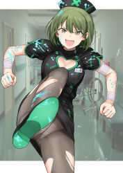  1girl bandaged_arm bandages bandaid bandaid_on_arm bench black_dress blush border breasts character_name cleavage cleavage_cutout clenched_hands clothing_cutout door dress green_eyes green_footwear green_hair green_trim grey_pantyhose hat heart_cutout highres hospital idolmaster idolmaster_shiny_colors indoors kicking looking_at_viewer medium_breasts miniskirt name_tag nanakusa_nichika nurse nurse_cap open_mouth outside_border paint_in_hair paint_on_body paint_on_clothes paint_splatter paint_splatter_on_face panties pantyhose pantyshot shoe_soles shoes short_hair short_sleeves skirt solo standing standing_on_one_leg torn_clothes torn_pantyhose tsurui underwear v-shaped_eyebrows wheelchair white_border 