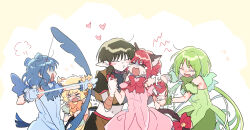  &gt;_&lt; 1boy 4girls aizawa_mint animal_ears arm_grab blonde_hair blue_hair bow_(weapon) cat_ears cat_girl cat_tail closed_eyes commentary_request crying fong_pudding gloves green_hair hetero hs1122 magical_girl mew_ichigo mew_lettuce mew_mint mew_pudding midorikawa_lettuce momomiya_ichigo multiple_girls o3o pale_skin pink_hair quiche_(tokyo_mew_mew) tail tokyo_mew_mew weapon 