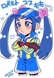  1girl blue_hair capcom child cosplay gloves highres justice_gakuen karuizawa_momo ribbon roberto_miura short socks twintails visor_cap 