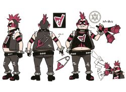 1boy black_footwear boots character_sheet collar concept_art creatures_(company) facepaint fat fat_man game_freak grey_hair grey_pants hand_on_own_hip hand_up holding horn_(instrument) jacket looking_at_viewer male_focus mohawk multicolored_hair multiple_views navel nintendo official_art open_mouth pants pink_hair pokemon pokemon_swsh scan team_yell team_yell_grunt team_yell_grunt_(male) teeth translation_request two-tone_hair vuvuzela