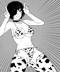  1girl animal_print arms_up bell bikini black_hair breasts chainsaw_man cleavage collar cow_print cow_print_bikini emphasis_lines eyepatch grey_background highres himeno_(chainsaw_man) horns_pose large_breasts leaning_back looking_at_viewer monochrome navel neck_bell one_eye_covered print_bikini print_thighhighs seiza short_hair side-tie_bikini_bottom simple_background sitting smile smirk solo stomach swept_bangs swimsuit thighhighs underboob xyanaid 