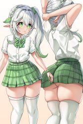  1girl absurdres ass breasts eye_symbol female_focus from_behind genshin_impact green_eyes green_hair green_skirt highres huge_ass kyojiri_loli loli looking_at_viewer medium_breasts multiple_views nahida_(genshin_impact) no_panties plated_skirt ribbon school_uniform shirt sideboob simple_background skindentation skirt small_breasts standing thick_thighs thighhighs thighs white_hair white_shirt white_thighhighs yuzun404  rating:Sensitive score:274 user:Yuzun4000