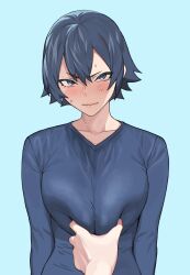  1girl angry black_hair blue_eyes blue_shirt blush breasts closed_mouth frown grabbing grabbing_another&#039;s_breast large_breasts looking_at_viewer meme original outstretched_arm pov_cheek_grabbing_(meme) shirt short_hair 