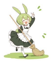  1girl :d alternate_costume animal_ears apron black_dress black_footwear blush broom closed_eyes dot_nose dress enmaided facing_ahead frilled_apron frills full_body green_hair hand_up highres holding holding_broom long_hair long_sleeves maid notice_lines open_mouth pantyhose petticoat rabbit_ears rabbit_girl running shoes sidelocks simple_background smile solo v voicevox white_apron white_background white_pantyhose zundamon zunmut 