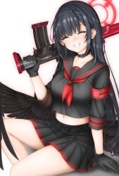  1girl armband assault_rifle black_choker black_hair black_serafuku black_shirt black_skirt black_wings blue_archive breasts bullpup choker closed_eyes closed_mouth commentary feathered_wings gun halo highres holding holding_gun holding_weapon ichika_(blue_archive) long_hair low_wings medium_breasts navel neckerchief red_armband red_halo red_neckerchief rifle school_uniform serafuku shirt skirt smile sturm_(arowana_kingyo) very_long_hair weapon white_background wings 