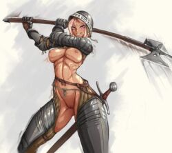  1girl armor breasts chausses cleft_of_venus counter cowboy_shot cuisses dark-skinned_female dark_skin ebenholz_(ironlily) exhibitionism female_knight fighting_stance functionally_nude gauntlets halberd helmet holding holding_polearm holding_weapon knight large_breasts latin_text leather_belt looking_at_viewer midriff motion_blur naked_armor narrow_waist nipples nude pauldrons pink_hair polearm public_indecency purple_eyes pussy rerebrace reverse_bikini_armor reverse_outfit scabbard scar scar_on_face sheath shoulder_armor simple_background sirpetus smile solo standing sword tan vambraces weapon 