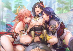  1boy 3girls bare_shoulders bisexual_female black_hair breasts breasts_out commentary cowgirl_position day female_pubic_hair genshin_impact girl_on_top grabbing grabbing_another&#039;s_breast group_sex hair_ornament harem highres hilichurl_(genshin_impact) kujou_sara licking licking_breast looking_at_viewer medium_breasts multiple_girls nipples no_panties open_mouth outdoors pink_hair pov pubic_hair purple_hair purple_thighhighs pussy raiden_shogun revision sex side_slit spread_legs spykeee straddling thick_thighs thighhighs thighs tongue tongue_out torn_clothes yae_miko yellow_eyes  rating:Explicit score:204 user:danbooru