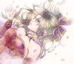  1girl blue_eyes breasts cape detached_sleeves earrings final_fantasy final_fantasy_vi grey_hair hair_ornament hair_ribbon jewelry looking_up medium_breasts necklace petals piyomi391 purple_cape ribbon solo tina_branford twitter_username upper_body white_background 