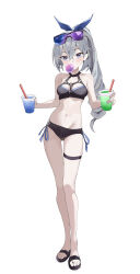  1girl armpit_crease bare_legs bare_shoulders bikini black_bikini blowing_bubbles bow breasts chewing_gum cleavage commentary_request crossed_bangs cup drill_hair drill_ponytail drinking_straw full_body grey_eyes grey_hair hair_between_eyes hair_bow higashiwun_izumi highres holding holding_cup honkai:_star_rail honkai_(series) long_hair looking_at_viewer medium_breasts navel purple_bow side-tie_bikini_bottom silver_wolf_(honkai:_star_rail) simple_background solo stomach swimsuit thigh_strap toeless_footwear white_background  rating:Sensitive score:6 user:danbooru